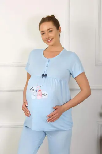 Ayollar uchun kalta yengli homiladorlar va emizikli onalar pyjama to‘plami Moviy 45210 - 1