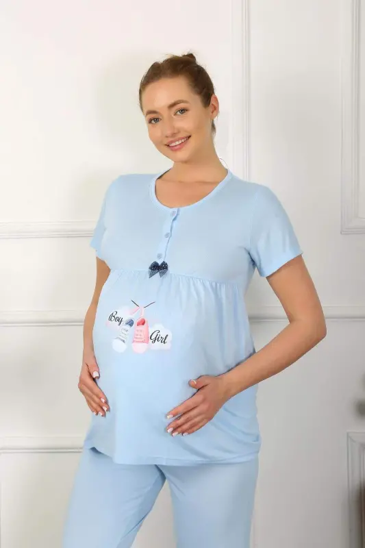 Ayollar uchun kalta yengli homiladorlar va emizikli onalar pyjama to‘plami Moviy 45210 - 1