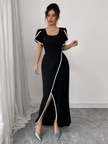Ayollar uchun kalta yengli, kvadrat yoqali, oldi qismi kesik detallli krep ko‘ylak - 2