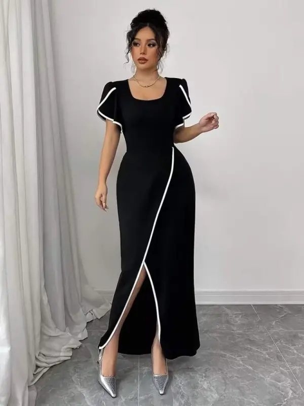 Ayollar uchun kalta yengli, kvadrat yoqali, oldi qismi kesik detallli krep ko‘ylak - 2
