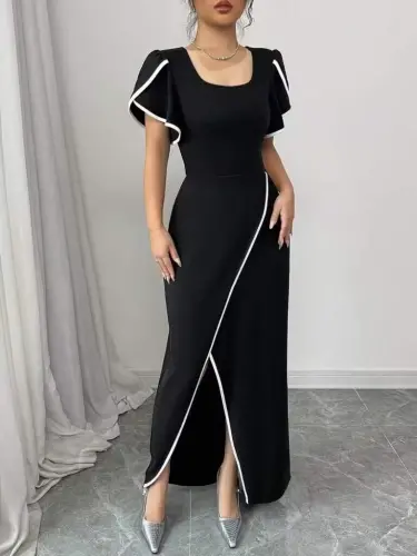 Ayollar uchun kalta yengli, kvadrat yoqali, oldi qismi kesik detallli krep ko‘ylak - 4