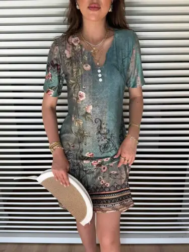 Ayollar uchun kalta yengli, V-yaka, gulli printli midi suprem ko'ylak - 3