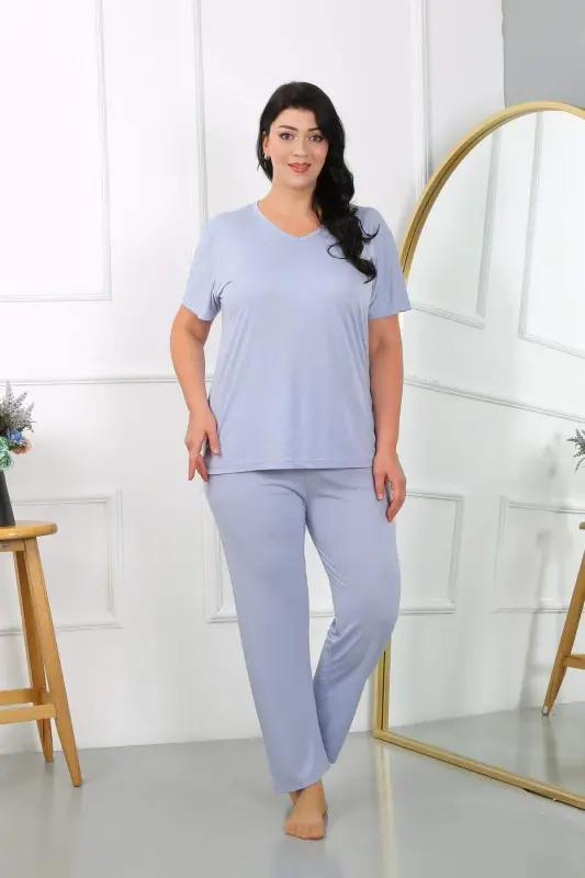 Ayollar uchun katta hajmdagi kalta yengli paxta pijama to'plami, lilac rang, 202405 - 5