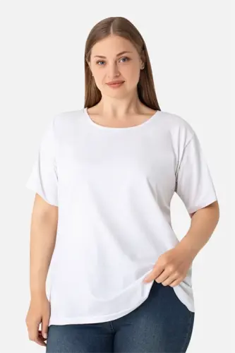 Ayollar uchun katta o'lchamdagi paxtali oddiy kalta yengli yumaloq yoqali futbolka, oq rangli, 3 ta to'plam - BÜYÜKBEDENIZ (1)