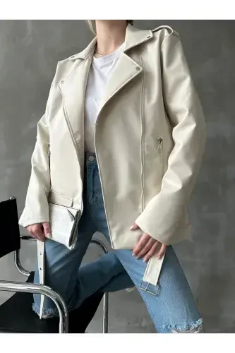 Ayollar uchun katta o'lchamli biker charm kurtka - krem - 5