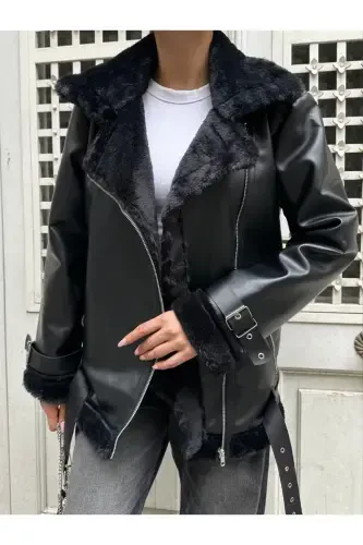 Ayollar uchun katta o'lchamli biker charm mo'ynali kurtka - Qora bej - 4