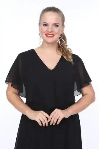 Ayollar uchun katta oʻlchamli shifon V boʻyinli katta oʻlchamli zamonaviy qora kechki libosi KL3065 - 5