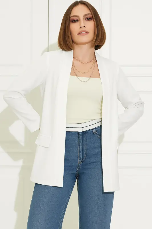 Ayollar uchun kiyib chiqish oq blazer pidjak 54 razmergacha - Oq - 1