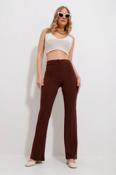 Ayollar uchun kofe rangli baland bel, old tomondan burmalar bilan keng oyoqli likrali shim ALC-X9979 - 8