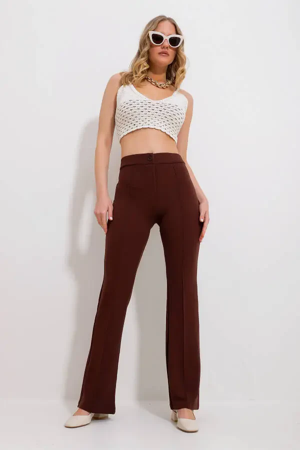 Ayollar uchun kofe rangli baland bel, old tomondan burmalar bilan keng oyoqli likrali shim ALC-X9979 - 8