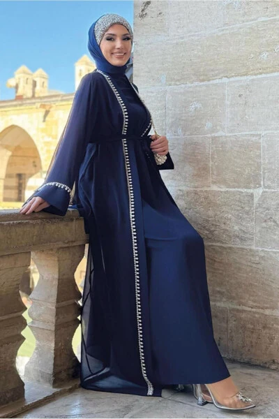 Ayollar uchun ko‘k kamarli abaya kiyim to‘plami T 3948 - TRENDTESETTÜR