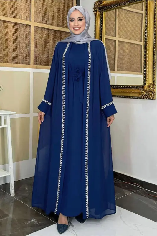 Ayollar uchun ko‘k kamarli abaya kiyim to‘plami T 3948 - 1