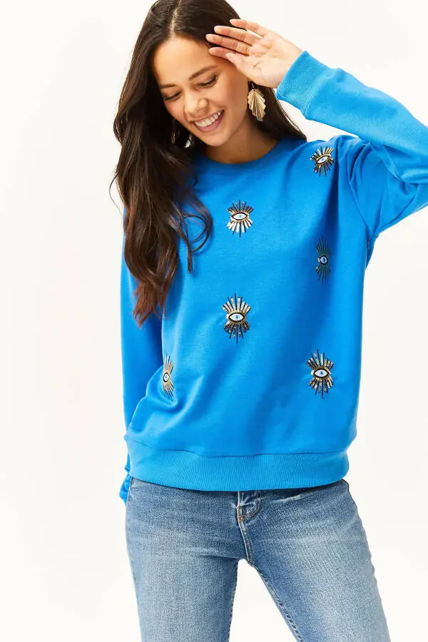 Ayollar uchun ko'k ko'z bilan kashta qilingan fasliy sweatshirt SWT-19000598 - 1