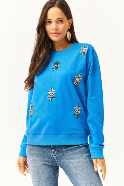 Ayollar uchun ko'k ko'z bilan kashta qilingan fasliy sweatshirt SWT-19000598 - 2