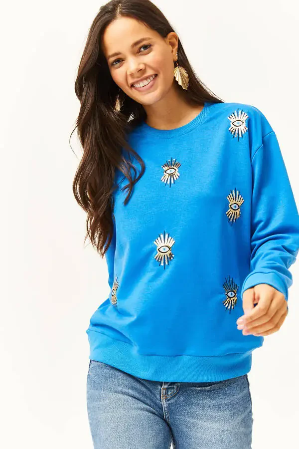 Ayollar uchun ko'k ko'z bilan kashta qilingan fasliy sweatshirt SWT-19000598 - 4