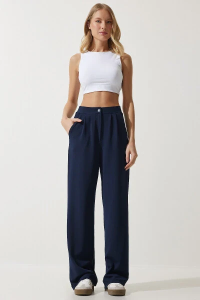 Ayollar uchun ko'k liralı qulay palazzo trikotaj shim RV00175 - HAPPINESS İSTANBUL