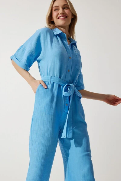 Ayollar uchun ko'k rangli premium belbog'li muslin kombinezon RG00029 - Happiness İstanbul (1)