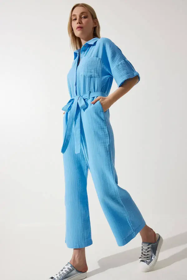 Ayollar uchun ko'k rangli premium belbog'li muslin kombinezon RG00029 - 4