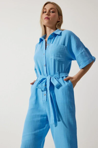 Ayollar uchun ko'k rangli premium belbog'li muslin kombinezon RG00029 - 5