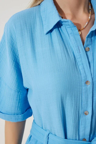 Ayollar uchun ko'k rangli premium belbog'li muslin kombinezon RG00029 - 6