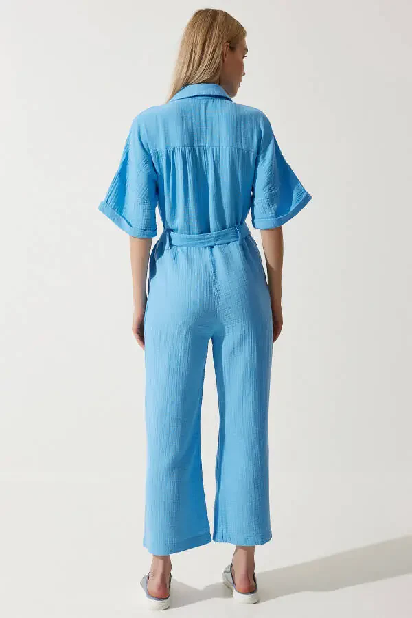 Ayollar uchun ko'k rangli premium belbog'li muslin kombinezon RG00029 - 7