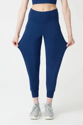 Ayollar uchun ko'k rangli yuqori bel jogger shim - 4