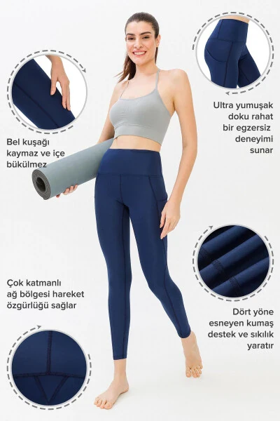 Ayollar uchun ko'k rangli yuqori belda, ikki cho'ntakli, qorinni yig'uvchi sport legginslari - 3