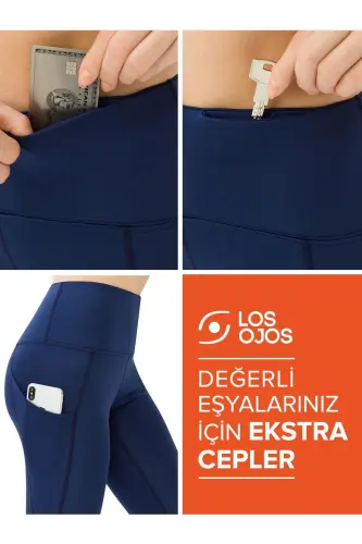 Ayollar uchun ko'k rangli yuqori belda, ikki cho'ntakli, qorinni yig'uvchi sport legginslari - 3