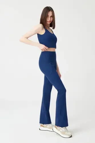 Ayollar uchun ko'k yuqori bel shakllantiruvchi ikki cho'ntakli ispancha shimli leggings bootcut - 5