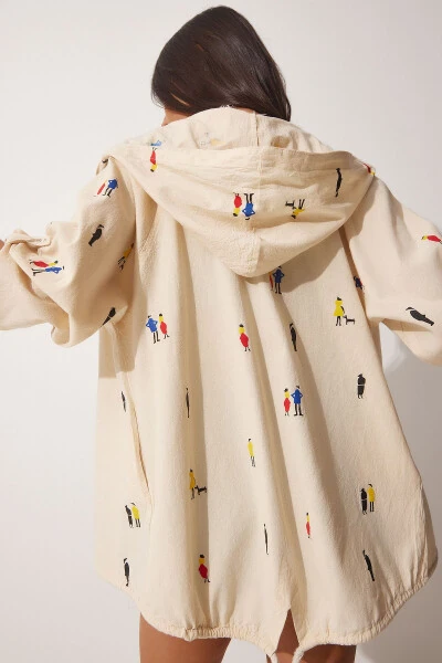 Ayollar uchun krem rangli bosma kapshonli xom zig'ir ko'ylagi SA00014 - Happiness İstanbul