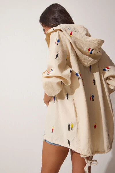 Ayollar uchun krem rangli bosma kapshonli xom zig'ir ko'ylagi SA00014 - Happiness İstanbul (1)