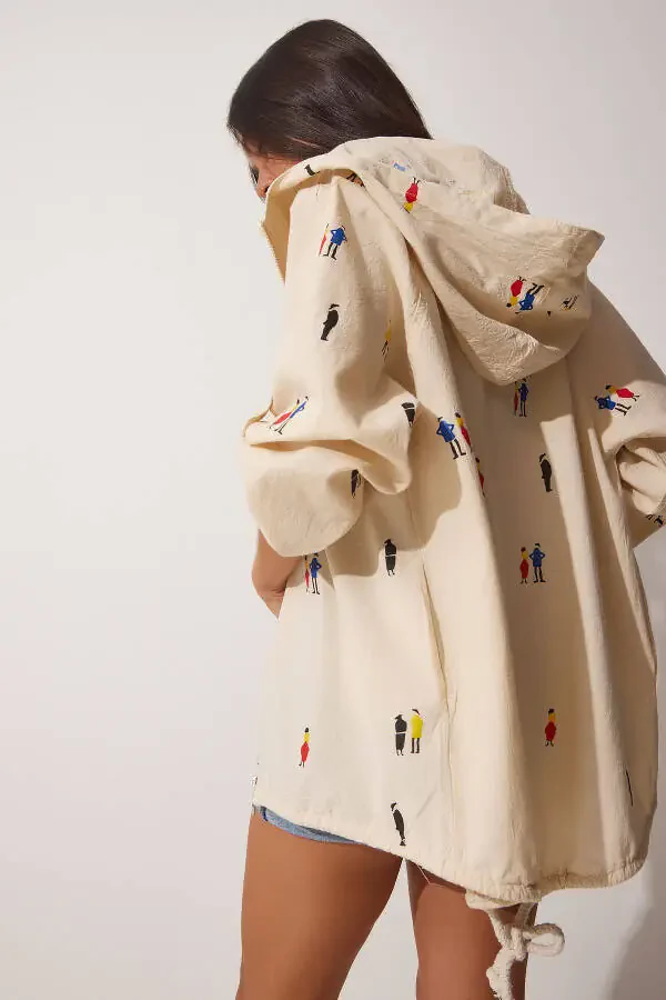 Ayollar uchun krem rangli bosma kapshonli xom zig'ir ko'ylagi SA00014 - 2