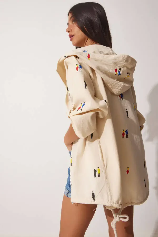 Ayollar uchun krem rangli bosma kapshonli xom zig'ir ko'ylagi SA00014 - 4