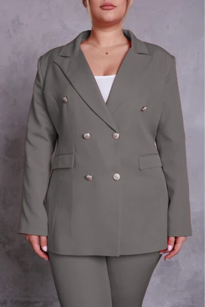 Ayollar uchun kulrang blazer ko'ylagi, kamarli cho'ntakli keng oyoqli shim, katta hajmli kostyum - 4