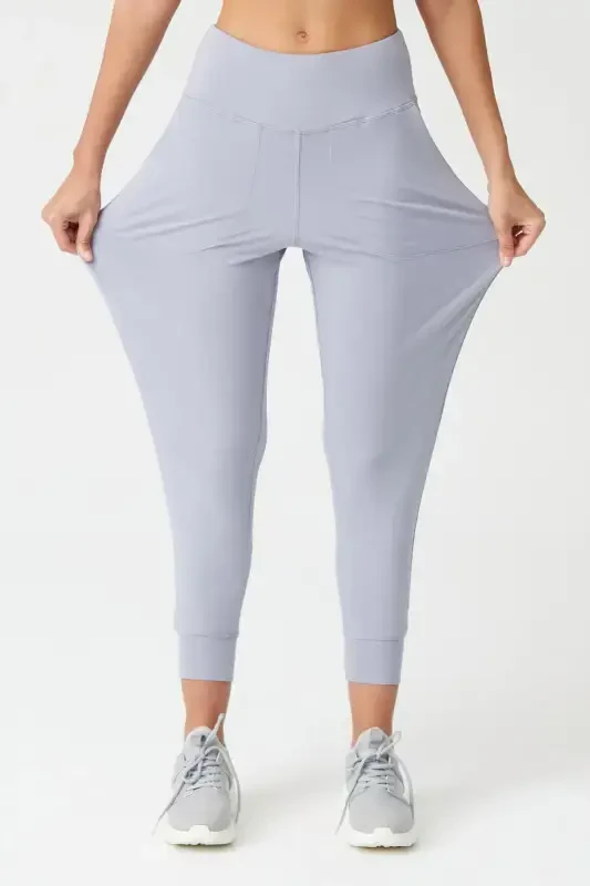 Ayollar uchun kulrang yuqori bel joggers sport shim - 5