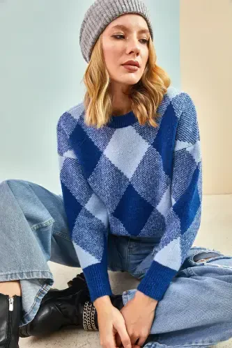 Ayollar uchun kvadrat naqshli trikotaj kozok - Moviy - 4