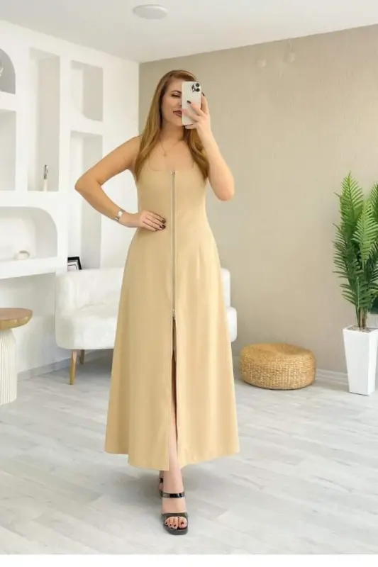 Ayollar uchun kvadrat yoqali old fermuarli keng bichimli janjan krep ko'ylak - 3