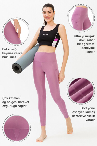 Ayollar uchun lavandali yuqori bel ikki cho'ntakli qorinni qisqartiruvchi sport leggingslari - 3