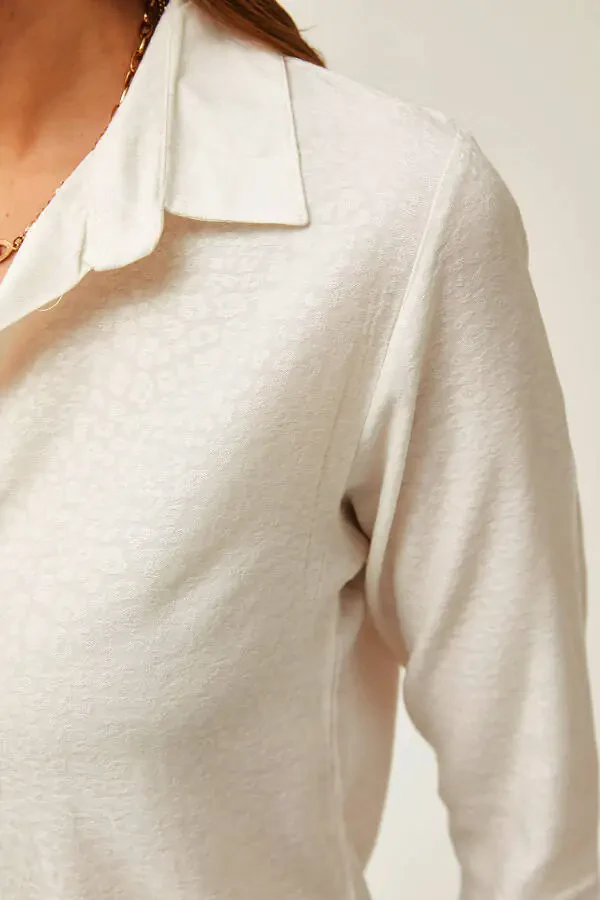 Ayollar uchun leopard ekru jakkardli atlas detallari bilan to'qilgan ko'ylak GML-19001173 - 3