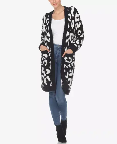 Ayollar uchun leopard naqshli ochiq old sherpa kardigan - 1