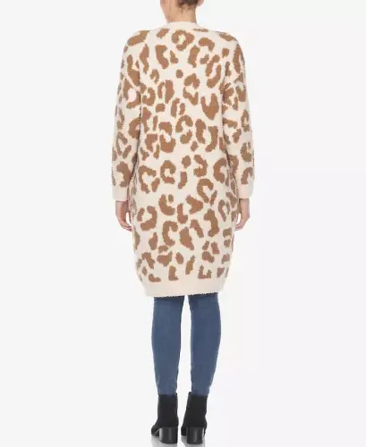 Ayollar uchun leopard naqshli, oldi ochiq sherpa kardigan - Tan Leopard - WHITE MARK (1)