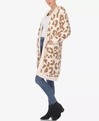 Ayollar uchun leopard naqshli, oldi ochiq sherpa kardigan - Tan Leopard - 4