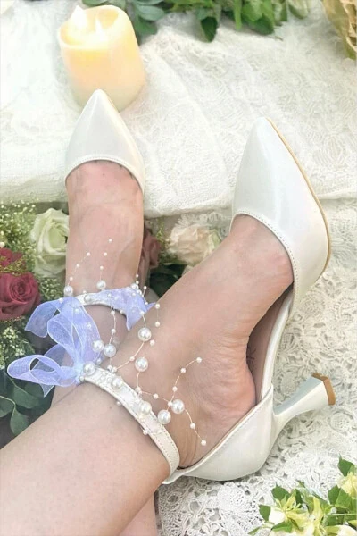 Ayollar uchun marvarid rangli sindirilgan oq qulay 7 sm balandlikdagi stiletto to'y poyabzallari - LİNEER