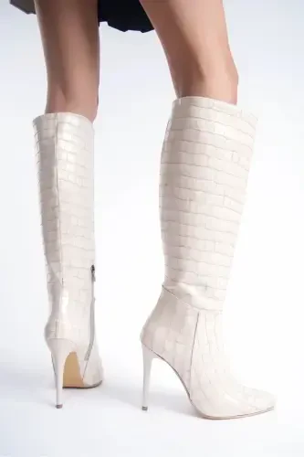 Ayollar uchun maxsus dizayndagi o'tkir burunli, yarim fermuarli, ingichka poshnali krokodil etik - Bej Croco - 3