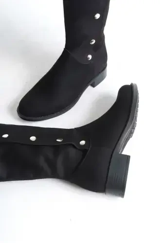 Ayollar uchun maxsus dizayndagi tugmali zamsh etik - Qora zamsh - 5