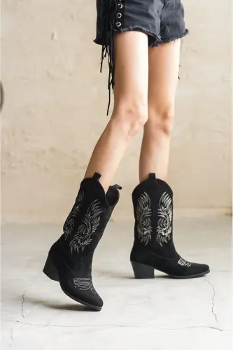 Ayollar uchun Meloni Kovboy etiklari - Qora zamsh - qora-zamsh-1697 - GOFFSHOES (1)
