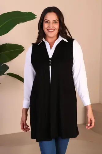 Ayollar uchun mo'tadil kiyim yozgi likrali yelek katta hajmli tugmali yelek qora - 5