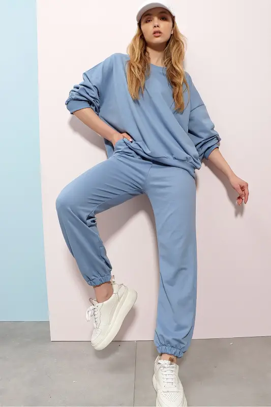 Ayollar uchun moviy rangli bisiklet yoqa, bel va oyoqlariga elastikli ikki iplikli asosiy sport kostyumi ALC-507-669-001 - 7