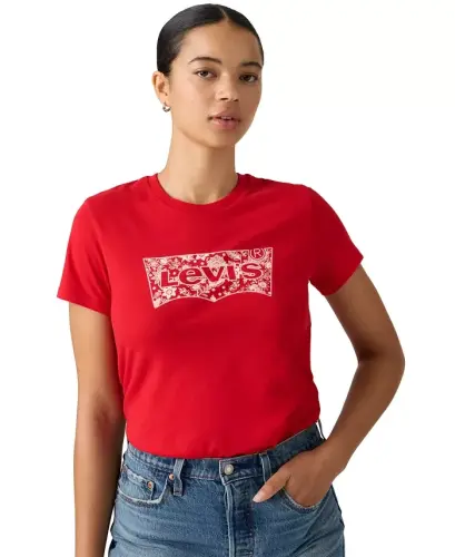 Ayollar uchun mukammal grafik logotipli paxta futbolkasi - Floral Bandana Bw Haqiqiy qizil - 4