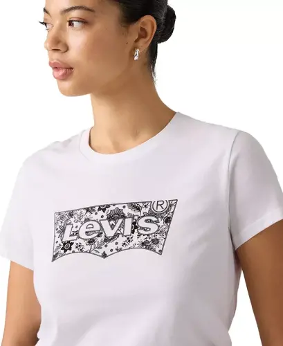Ayollar uchun mukammal grafik logotipli paxta futbolkasi - Floral Bandana Bw Yorqin Oq - 2